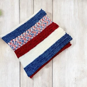 Vintage Afghan Patriotic Crochet Blanket Handmade Red White Blue USA 64" x 72" - Picture 1 of 11