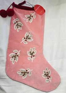 Calze natalizie in velluto rosa con bacche ricamate e foglie bianche NUOVE 20” - Foto 1 di 5