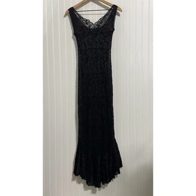 VTG 90s Copper Key Black Velvet Flocked Lace Mermaid Gown Maxi Dress Size 12 - Image 1 of 4