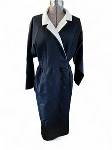 Vintage Navy Blue Dress With White Collar Accent And Buttons - Picture 1 of 5