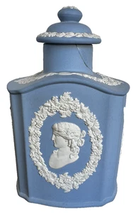 Blau Weiß Jaspis Wedgwood Teedose Ist-Zustand Frau England 6 1/2 x 4 x 3" Vintage - Bild 1 von 7