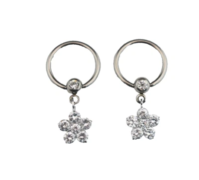 Pair Clear CZ Gems Flower Nipple Rings Body Jewelry 14G 1/2" 316L Surgical Steel - Image 1 of 3