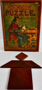 Antique circa 1875 TANGRAM set McLOUGHLIN BROTHERS – CHINESE PUZZLE Wooden Box - Picture 1 of 24