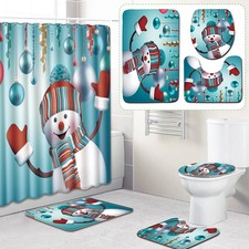 Christmas Snowman Bathroom Waterproof Shower Curtain Toilet Mat Cover Rug Kit -