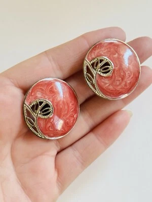 Berebi Signed Earrings VTG Clip Rare Chunky Statement Pink Silver Enamel 1980s - Image 1 of 4