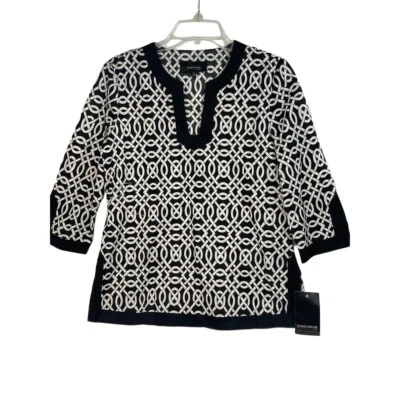 NWT Jones Wear Laguna Black White Split Neck Tunic Top Petite Small PS - Image 1 of 4