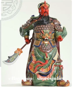 13" Rare Wucai Porcelain Ceramic Figurine Guan Gong Yu Warrior God Dragon Statue - Picture 1 of 9