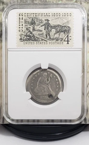 1858 Seated Liberty Quarter Dollar with Vintage Stamps - History!!! Cover