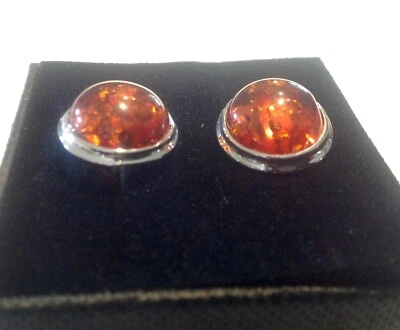 Sterling Silver 15mm Round Cabochon Chunky dome Brown Honey Amber Stud Earrings — 第 1/4 张图片