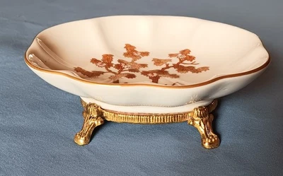 Jabonera de porcelana de colección patas doradas Marshall Field hoja de arce Hollywood Regency Foto 1 de 4