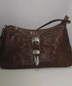 American West braune Leder-Schultertasche Reißverschluss oben silberfarbene Schnalle Nieten - Bild 1 von 22