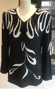 VINTAGE 80S 100% SILK DESIGNER FRANK USHER SIZE M HEAVY BEADED TOP BLACK WHITE - Picture 1 of 12