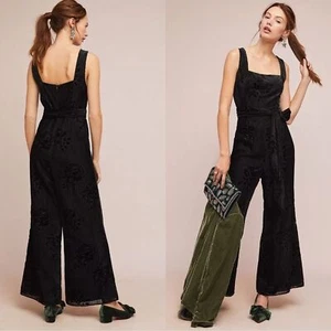 Anthropologie Moulinette Soeurs Noir Velvet Burnout Wide Leg Jumpsuit 12 NEW - Picture 1 of 10