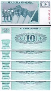 Slovenia 10 Tolarjev 1990, UNC, 5 Pcs LOT, Consecutive, P-4, First Issue - Picture 1 of 4