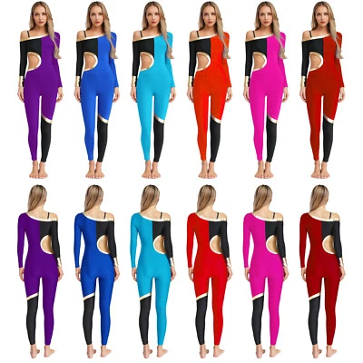 Damen Overall Strap Bodysuit Unitard Trikot Color Block One Shoulder Übung Gym - Bild 1 von 4