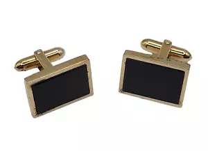 Black Onyx & Polished Gold Tone Rectangle Professional Vintage Mens Cufflinks - Picture 1 of 18