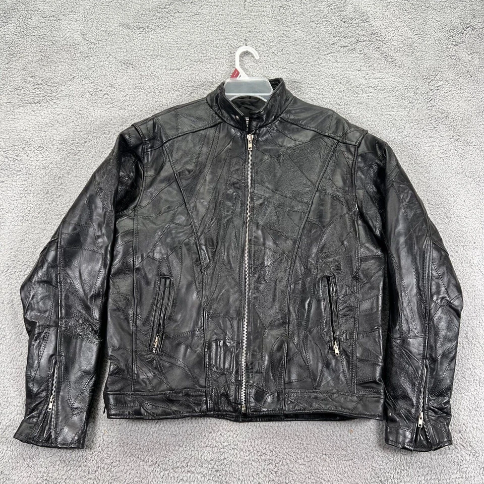Chaqueta de motocicleta de cuero búfalo de manga larga negra con placa de diamante para hombre talla grande Foto 1 de 4