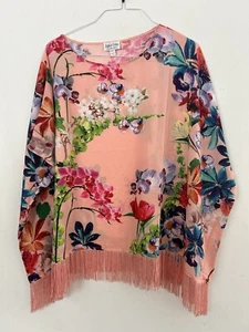Jamie Gries Collection Pink Floral Fringed Silk Like Poncho M-L NEW! - Picture 1 of 7