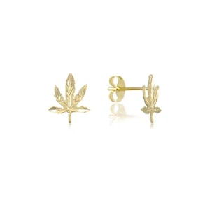 14K Solid Yellow Gold Marijuana Leaf Stud Earrings - Cannabis Weed Pot Men Women - Picture 1 of 4