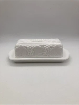 Vintage Imperial Glass Milk Glass Butter Dish w/Grapes & Leaves Design - Image 1 of 4