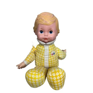 Vintage 1975 Fisher Price Baby Doll Yellow Floral Pajamas Blue Eyes Creepy Toy - Picture 1 of 10
