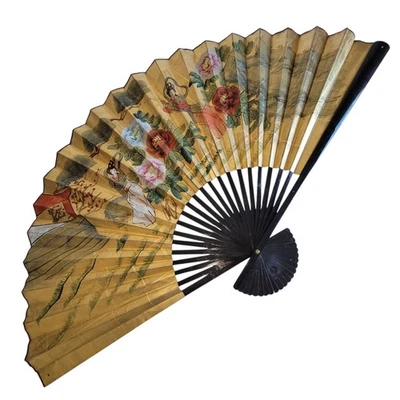 Abanico grande de 40" vintage chino pintado a mano decoración de arte de pared 67" x 39" abierto Foto 1 de 4