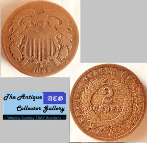 1864 US Copper Two Cent Piece 🪙 Civil War Era 🪙Antique🪙 - Picture 1 of 5