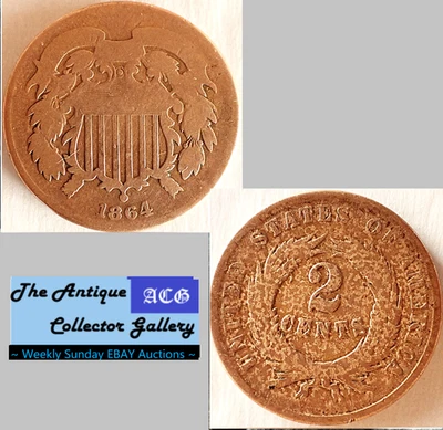 1864 US Copper Two Cent Piece 🪙 Civil War Era 🪙Antique🪙 - Image 1 of 4