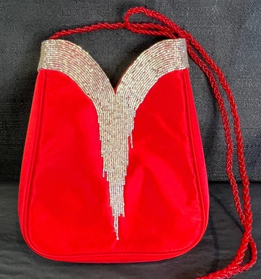 Cartera de hombro vintage Inge Christopher roja con cuentas correa bolso de noche cóctel Foto 1 de 4