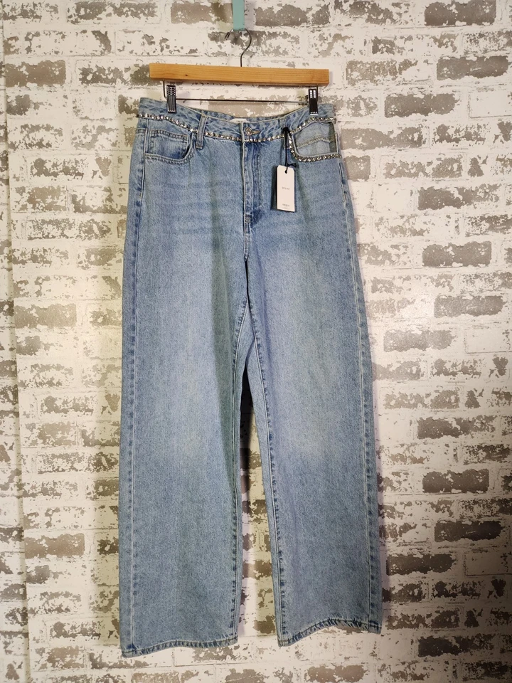 Pantalones de mezclilla Forever 21 lavado claro pierna ancha años 90 talla 31 adornos Y2K Foto 1 de 4