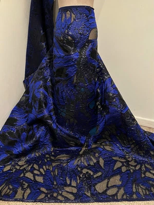 Royal Blue  Black Metallic Brocade Organza Fabric 58” Width Sold By The Yard - Image 1 of 4