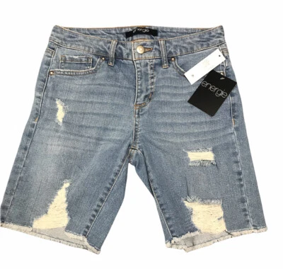 Energie Womens Juniors Bermuda Destructed Cut Off Jean Shorts Sz 1 Med Wash - Image 1 of 4