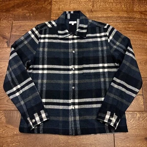 Pre-Owned Mens Reiss Navy/White Marjon Check Press Stud Wool Overshirt Medium - Picture 1 of 11