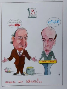 UNIQUE ! DROLE Funny - CARICATURE ORIGINAL - A. JUPPE - L. FABIUS - BORDEAUX - Picture 1 of 3