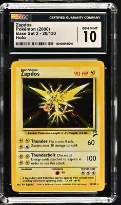 CGC 10 GEM MINT Pokemon 2000 Base Set 2 #20/130 Zapdos Holo WOTC - Image 1 of 2