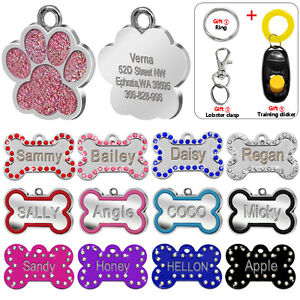 Bone Paw Shape Bling Personalized Pet Dog Tags ID Name Phone Engraved Clicker  