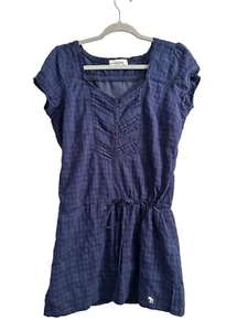 Abercrombie & Fitch Plaid Cap Sleeve Drawstring Waist Dress L Blue Cotton - Picture 1 of 7