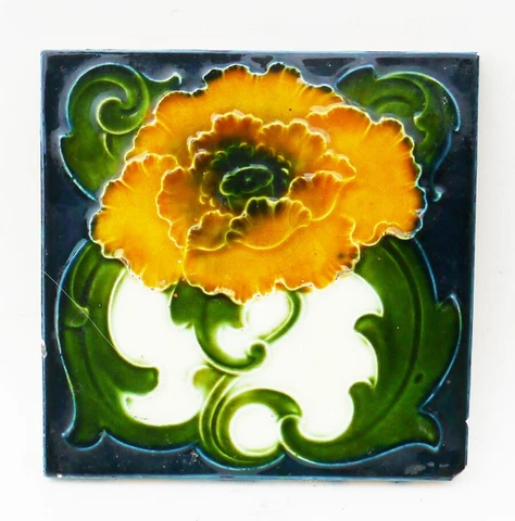 Original 6" x 6" Antique Art Nouveau High Relief Majolica Tile Cover