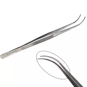 Stainless Steel Lab Tweezers/Forceps Serrated Fine Point Tip 10" Curved - Picture 1 of 3