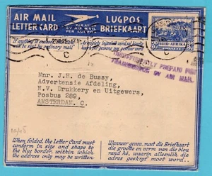 SOUTH AFRICA aerogramme letter card 1945 Johannesburg to Amsterdam, Netherlands - Picture 1 of 2
