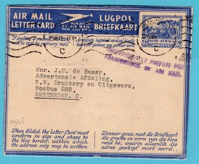 SOUTH AFRICA aerogramme letter card 1945 Johannesburg to Amsterdam, Netherlands - Image 1 of 2