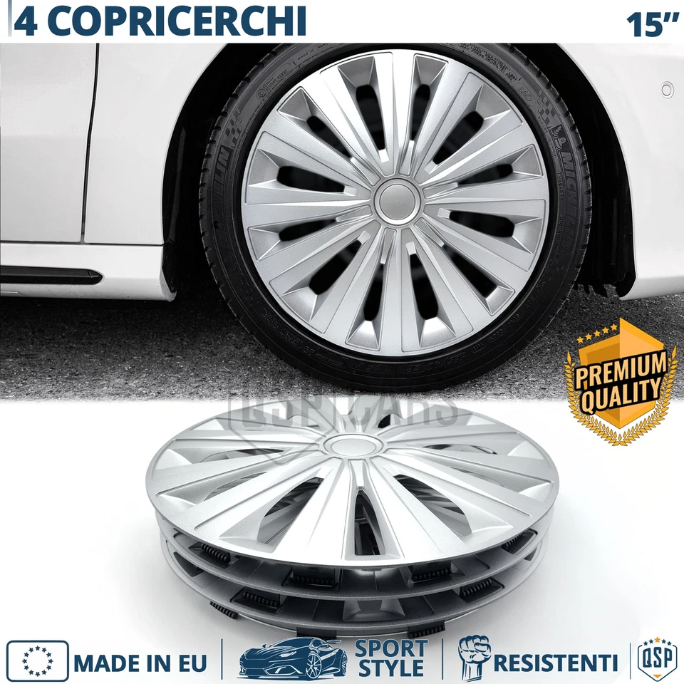 4 Copricerchi per Hyundai i20 1 08-12 15'' Pollici Coppette 12 Razze Silver MADE - Immagine 1 di 4