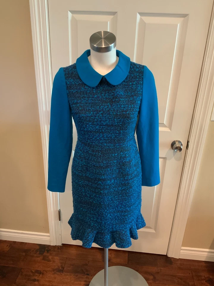 Ports 1961 蓝色羊毛粗花呢长袖铅笔裙带 Peter Pan 领,尺寸 2 — 第 1/4 张图片