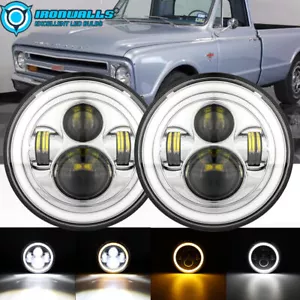 Pair 7" Chrome LED Headlight Hi/Lo DRL Turn Signal for Chevy C10 C20 Pickup Nova - Picture 1 of 12