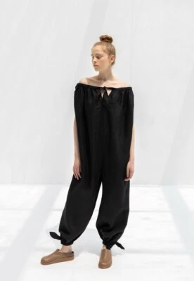 Mara Hoffman Fifi Jumpsuit Black Linen Oversized Bow  Swim Coverup Resort Sz XS - Image 1 of 4