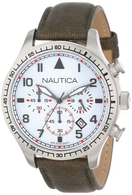 Reloj cronógrafo Nautica para hombre esfera blanca detalles rojos correa de cuero resina oliva Foto 1 de 3