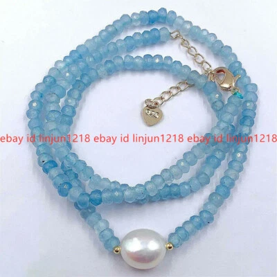 2x4mm Faceted Blue Aquamarine & 11-12mm White Baroque Pearl Necklace 18'' - Image 1 of 4