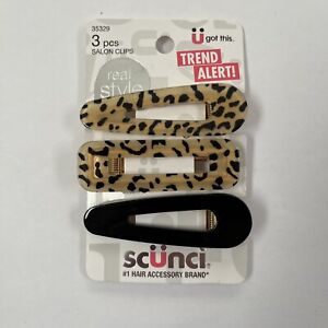 Scunci 3 pc Salon Hair Clips Black Animal Print Barrettes Accents 2.5 inch