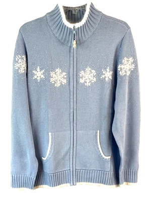 Quacker Factory Snowflake Tipped Cardigan Sweater Sz L Blue A5004 Women EE770 - Image 1 of 4