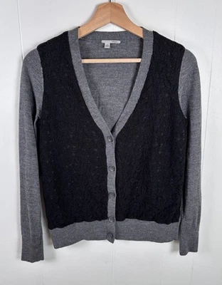 Cárdigan tejido halógeno pequeño talla MP gris lana merino negro panel de encaje frontal Foto 1 de 4